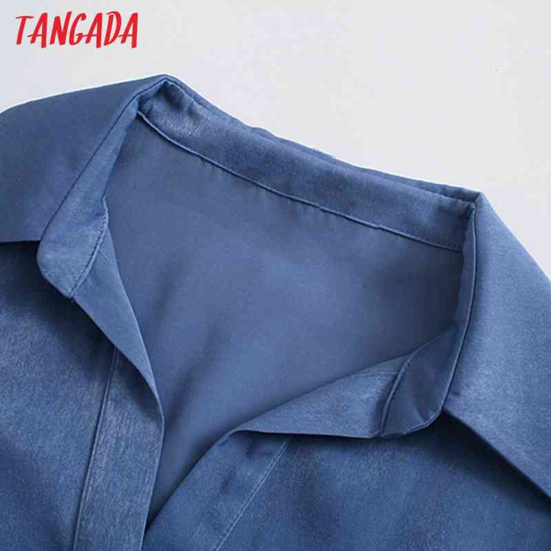 Fashion Women Blue Satin Shirt Long Sleeve Office Ladies Mini Dress with Bow 5Z31 210416