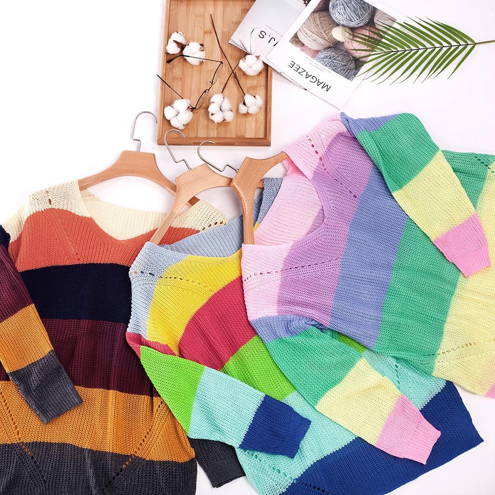 Foridol v neck knitted rainbow oversized sweater women vintage stripe pink sweater jumper autumn winter slit sweater 210415