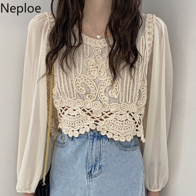 Neploe Blusas De Mujer Korean Chic Blouse Women Chiffon Crochet Floral Patchwork Shirts See Through Sun Protection Blouses Tops 210422