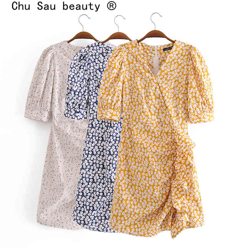 beauty Fashion Casual Chic Chrysanthemum Print Midi Dress Women Holiday Ruffles V-neck Cotton Summer Ladies Dresses 210514