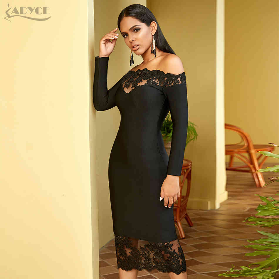 Women Black Bandage Dress Vestidos Slash Neck Celebrity Party Elegant Off Shoulder Lace Bodycon Club 210423