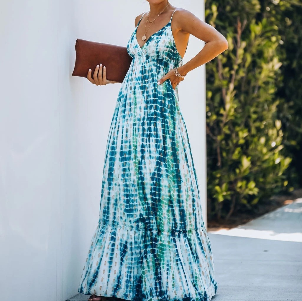 Green Bohemian Tie-dyed Bikini Cover-ups Sexy Spaghetti Strap Summer Beach Dress Cotton Tunic Women Swimsuit Cover Up A453 210420