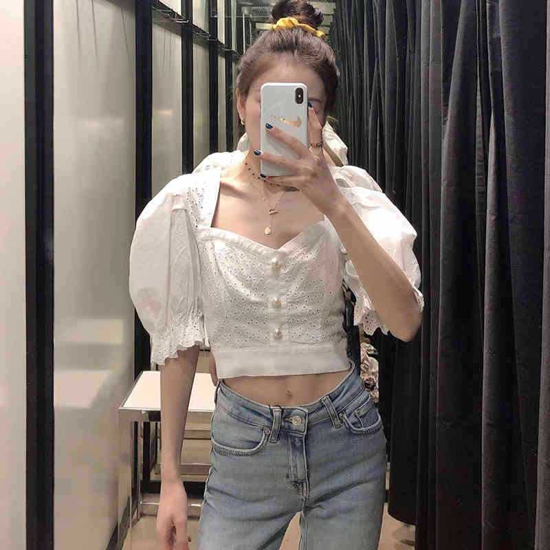 Women Chic Embroidery Patchwork White Blouse Summer Pearl Puff Short Sleeve Stylish Blouses Holiday Cotton Shirt Female 210515