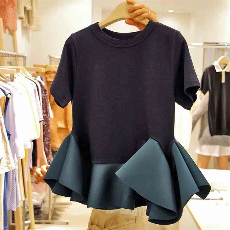 Black Stitching Ruffled Short-Sleeved T-Shirt Women's Summer Dress Korean Office Lady Student Chic Tees GD007 210708
Black Stitching Ruffled Short-Sleeved T-Shirt Women's Summer Dress Korean Office Lady Student Chic Tees GD007 210708
