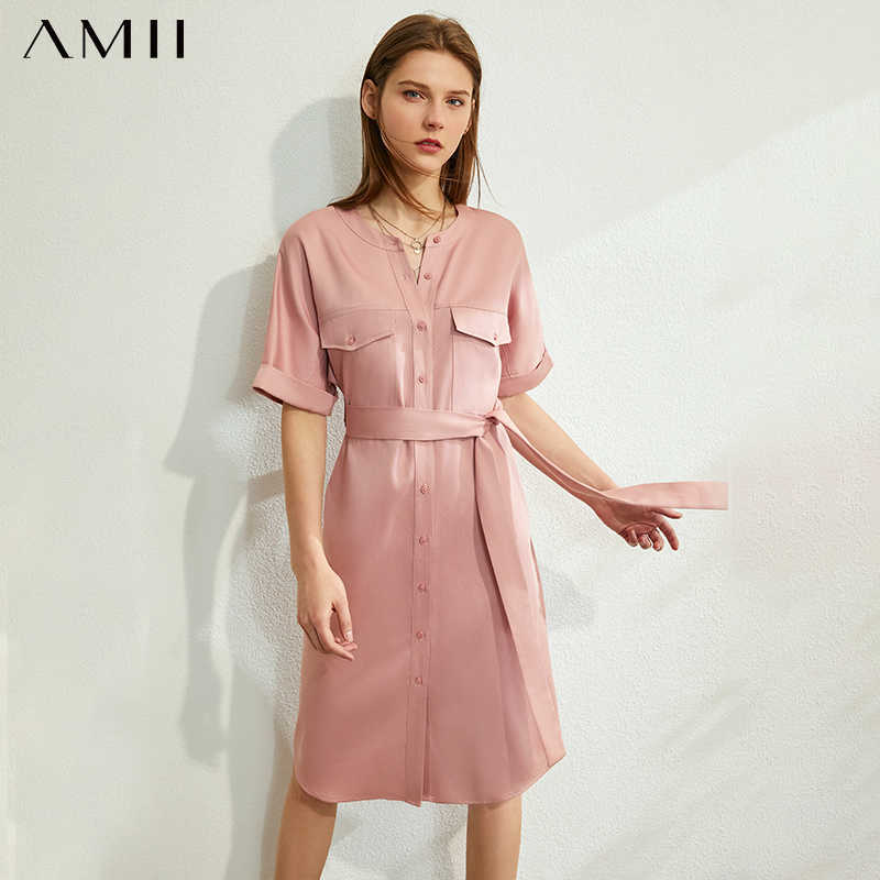 Summer Women Elegant Dresses Office Lady Round Neck Half Sleeve Single-breasted with Belt Female Dress 12040165 210527