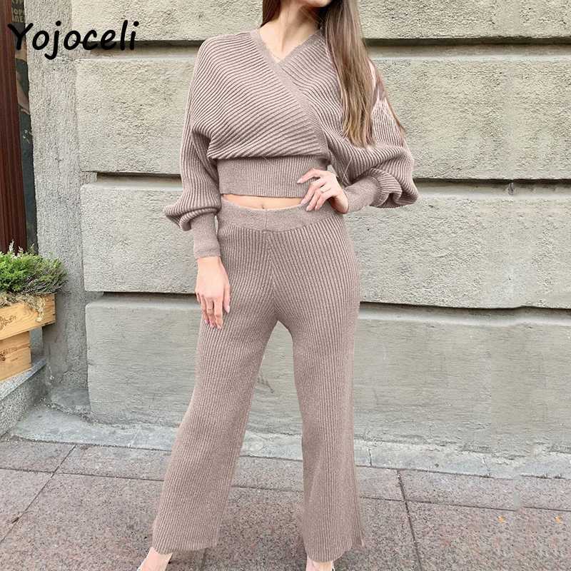 Yojoceli autumn winter sweater pants set women warm 2 pieces knit sets 210609