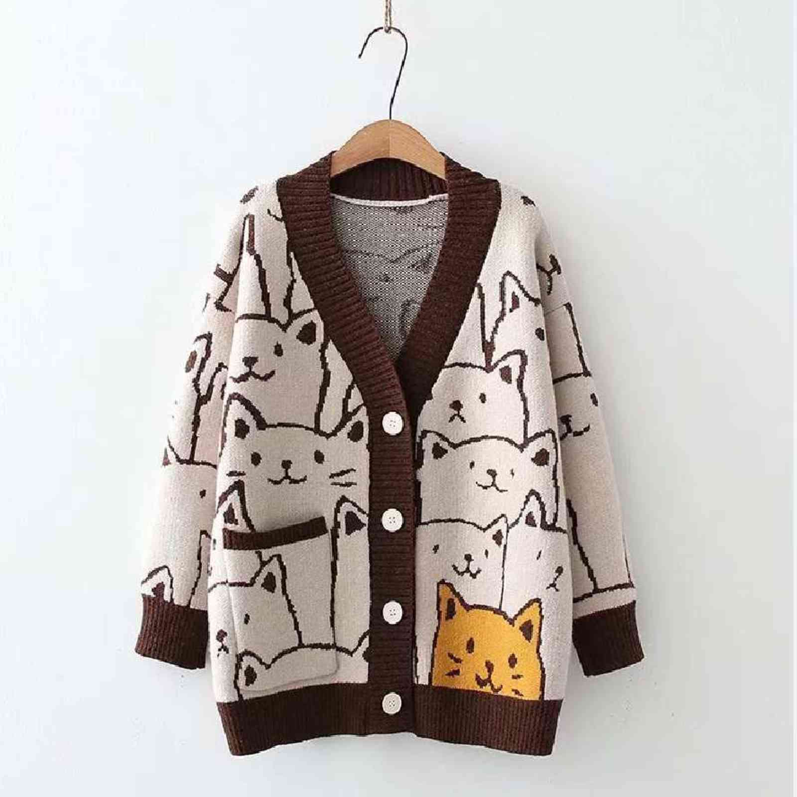 Fashion Cartoon V-neck Cardigan Sweater Women Autumn Winter Cute Cat Retro Professional Long-sleeved Knitted Coat 211117
