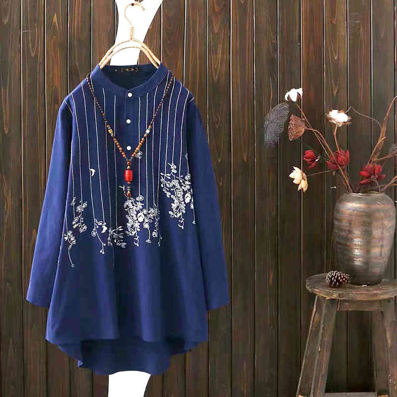 Spring Autumn Arts Style Women Long Sleeve Loose Shirts 100% Cotton Female Stand Collar Embroidery Vintage White Blouse D446 210512