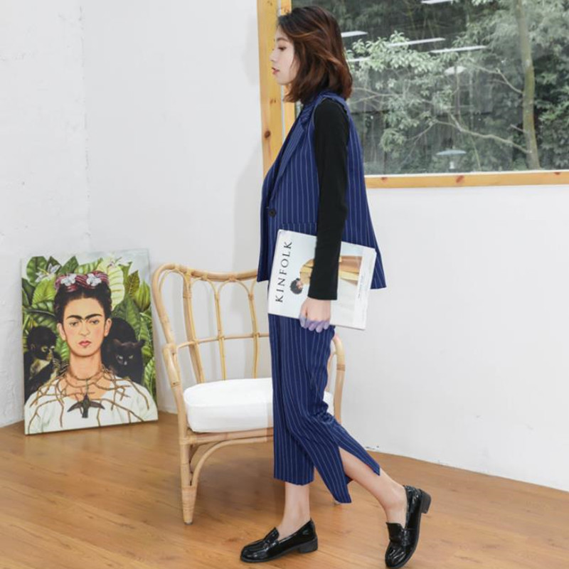 Work Wear Elegant Pants Suit 2 Piece Set Women Striped Vest Blazer & Office Lady Notched Jacket Formal Sets 210421