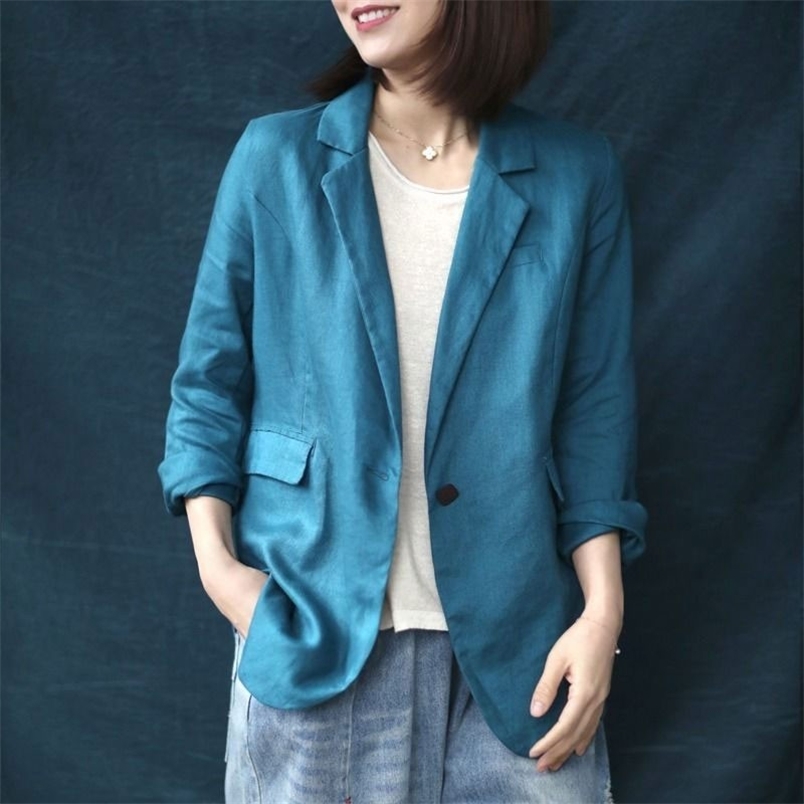 Arrival Spring Arts Style Women Long Sleeve Loose Casual Blazers Single Button 100% Linen Solid Blazer Femme Coat M278 210512