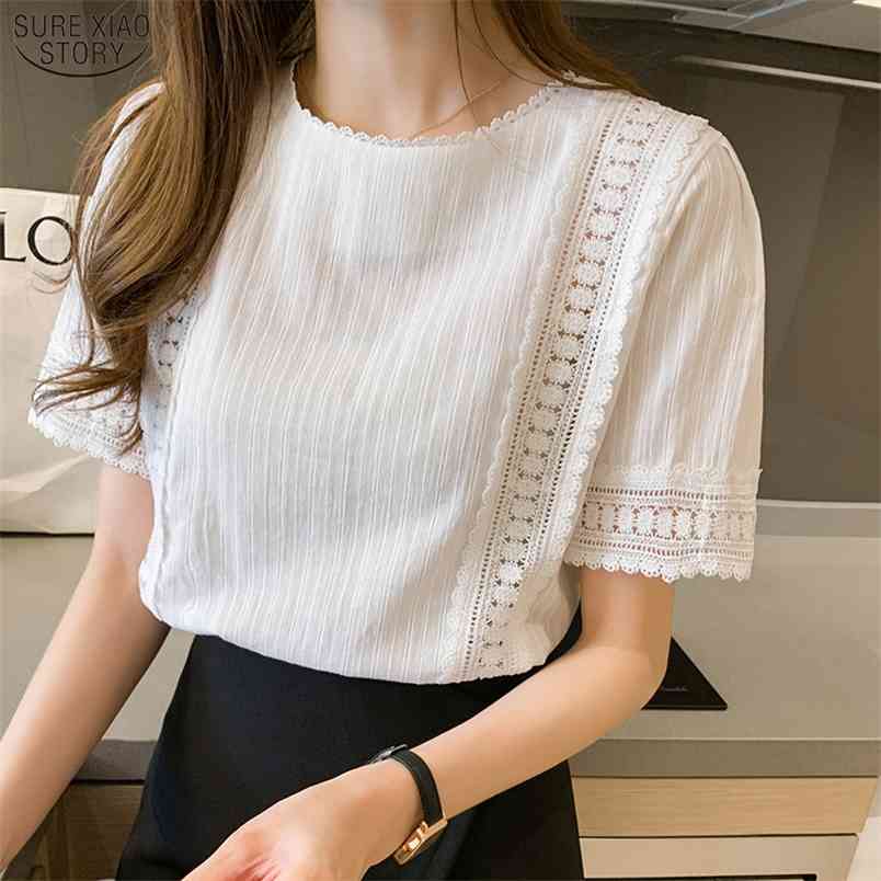 Summer White Pink Shirt Korean Style Women Short Sleeve Hollow Out Lace Blouse Solid Elegant Office Lady Tops Blusas 9602 210506