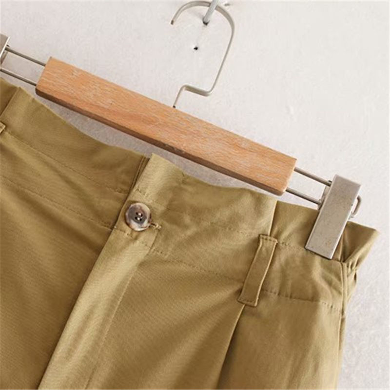 Women Khaki Cotton Paperbag Pants Fashion Streetwear Pockets Pleated Waist Trousers Ladies Casual Long Pantalon 210515