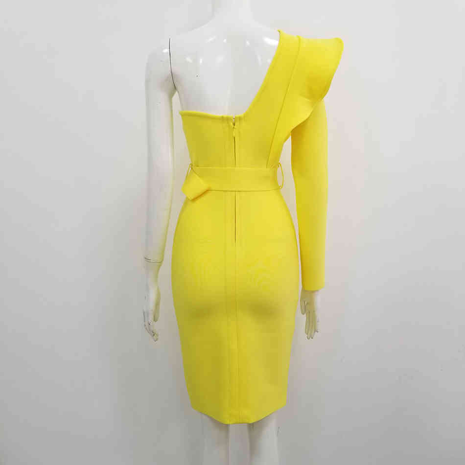 Free Sexy Yellow Bandage Dress Women One Shoulder Long Sleeve Ruffled Belt Bodycon Club Party Vestidos 210524