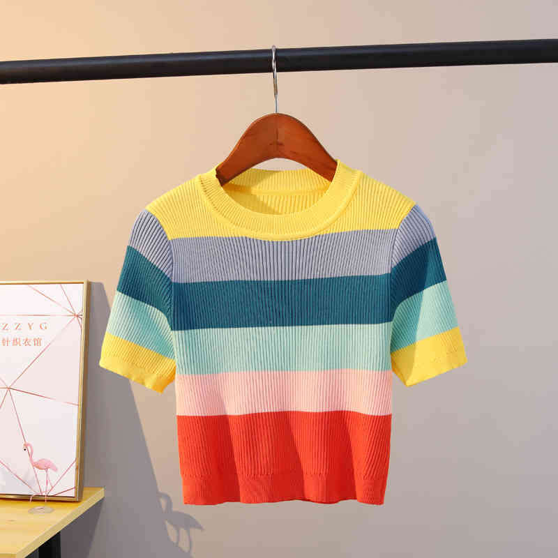HELIAR Plain Tee Women Knitted Strips O-Neck T-shirts Women Summer Short Sleeve Casual Street Outwear Crop TEES For Women Tops 210406