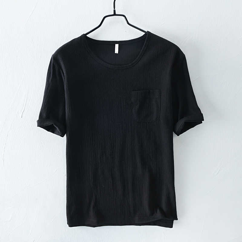 O-Neck Short Sleeve T-Shirts For Men Loose Casual Solid Color Tops & Tees Chest Patch Pocket Cotton Linen Men's Fashion Clothing 210601