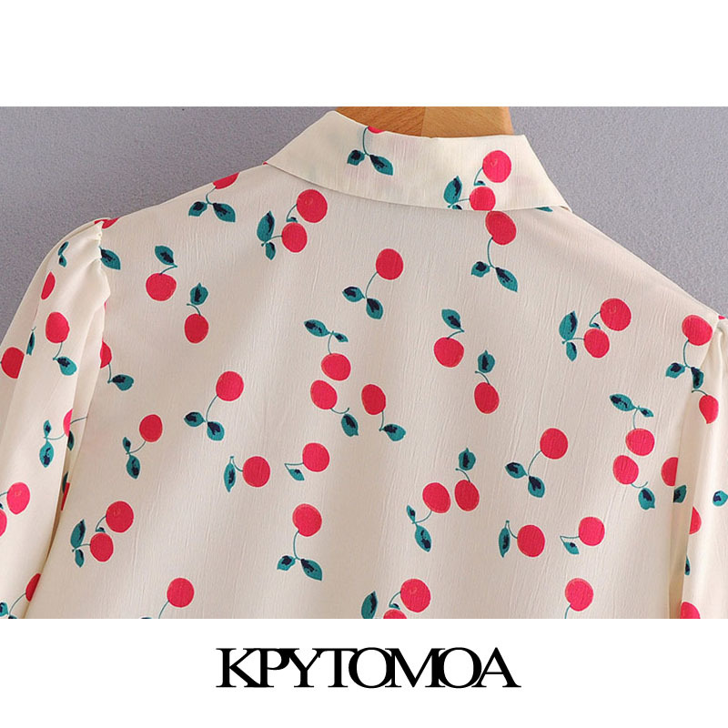 Women Fashion Cherry Print Loose Blouses Long Sleeve Button-up Female Shirts Blusas Chic Tops 210420