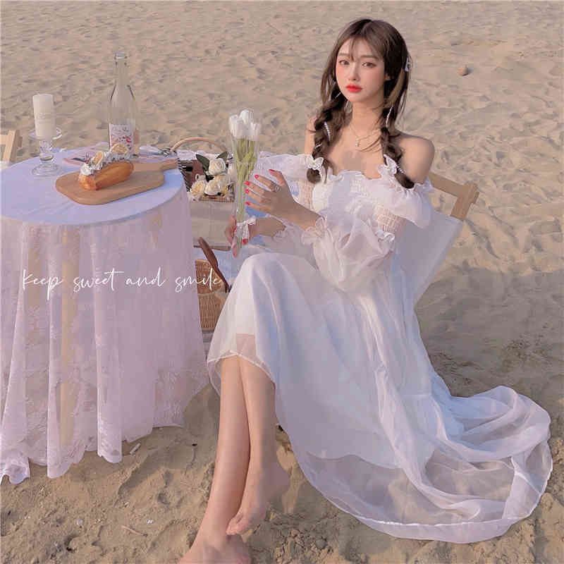 Summer Elegant Casual Fairy Dress Female Beach Dress Korean Chiffon Lace French Vintage Midi Dess Women Chic 210521