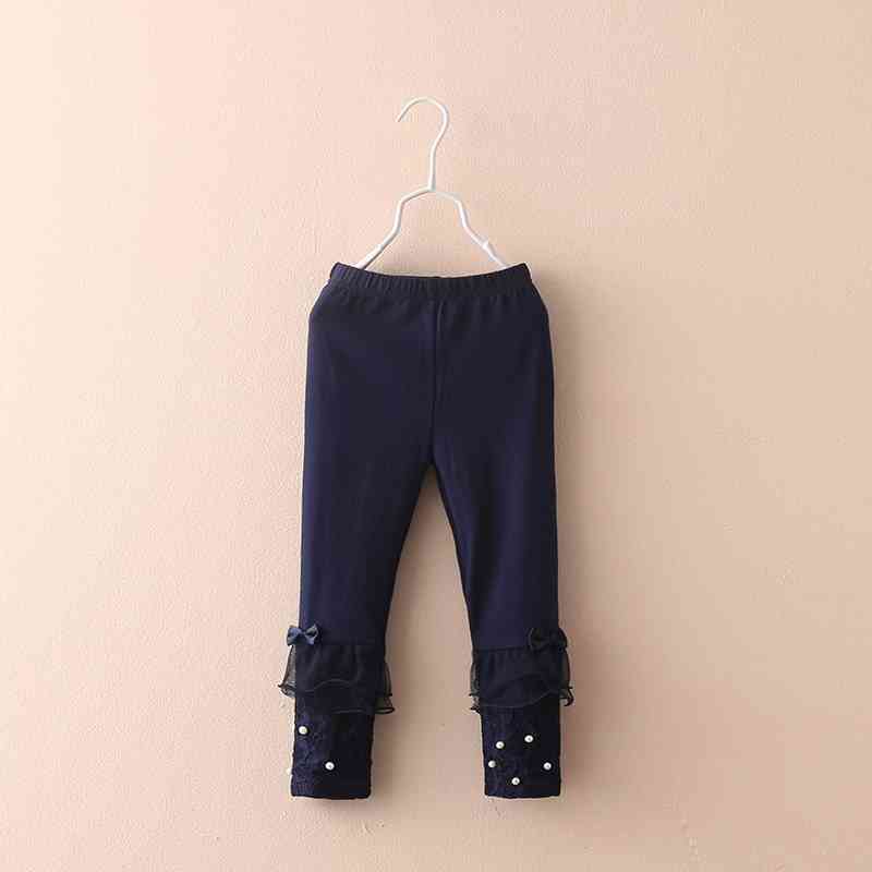 Spring Autumn 2 3 4 6 8 10 Year Children Dark Blue Beige Long Pears Bow Lace Basic Leggings For Little Baby Kids Girl 210701