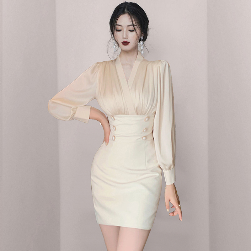 Women's Spring Package Hip Mini Dresses Korean High Waist Double Breasted Elegant Vintage Vestido Da Festa 210520