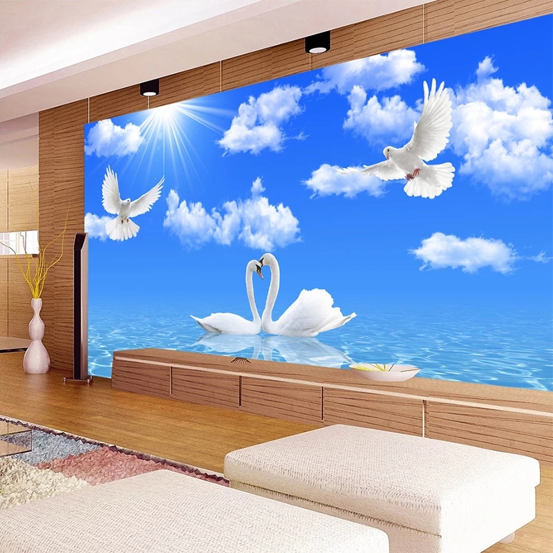 Custom Blue Sky White Clouds Wallpaper 3D Stereo White Swan River Mural Living Room Bedroom Theme Hotel