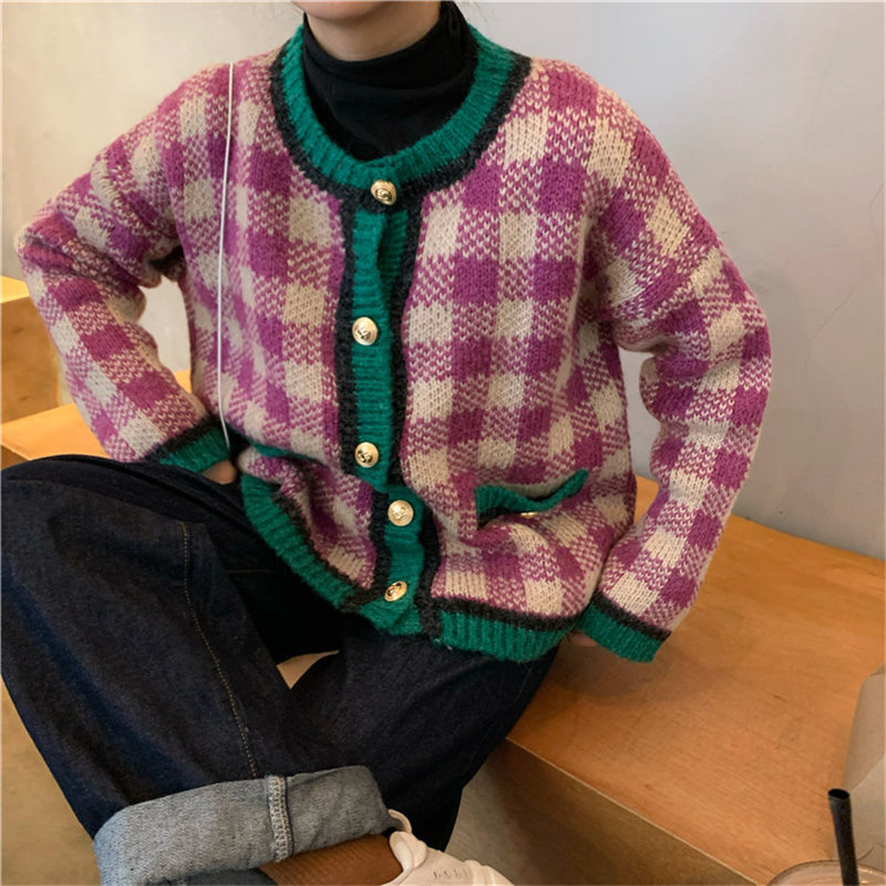Color-Hit Vintage Girls Retro Autumn Chic All-Match Regular High Street Loose Cardigans Casual Knitted Sweaters 210421