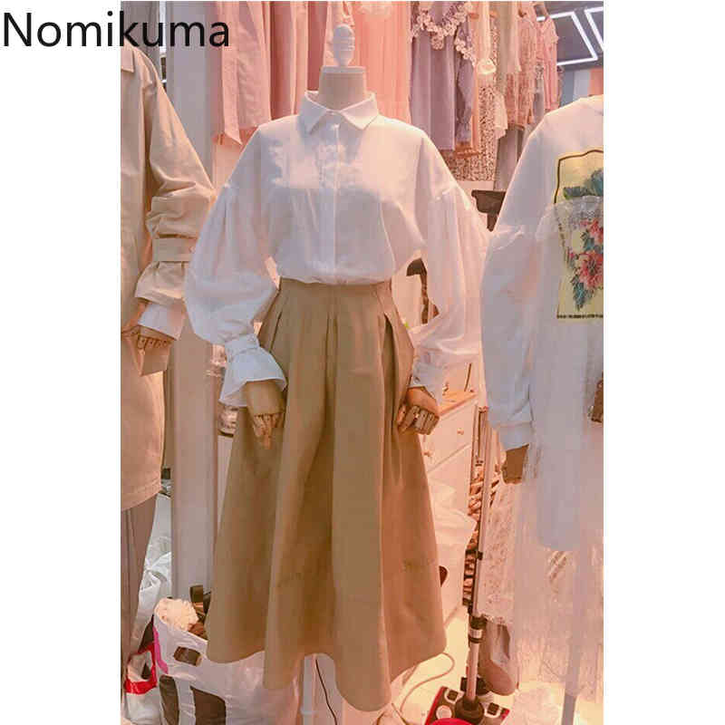 Nomikuma Two Piece Set Women Lantern Sleeve Causal Blouse Shirt + High Waist A-line Skirt Korean Elegant Spring Suits 6F406 210427