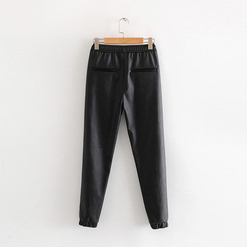 Women Black Chic PU Leather Pants Elastic Waist Long Length Elegant Bottoms Drawstring Tie Pockets Basic Female Trousers XS-XL 210515