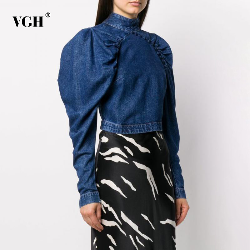 VGH Casual Denim Short Shirt For Women Stand Collar Puff Sleeve Solid Minimalist Blouse Female Fall Fashion New Clothing 210421