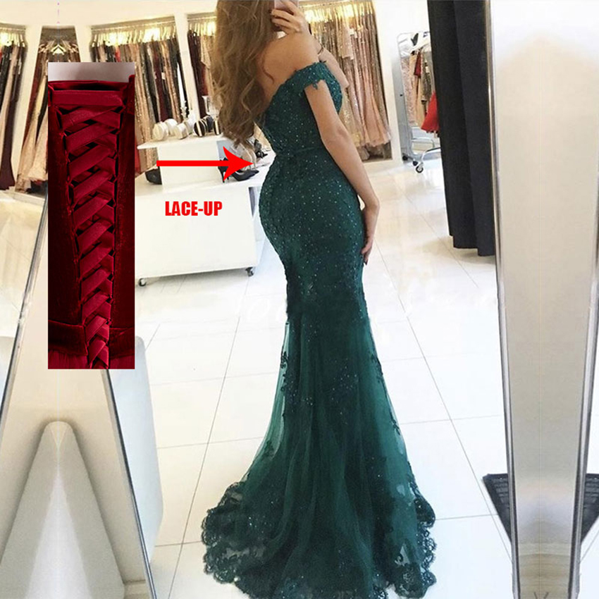 Robe femme Off the shoulder Long Dress Mermaid Evening Dress Lace Robe De Soiree longue Formal Dress abiye gece elbisesi green