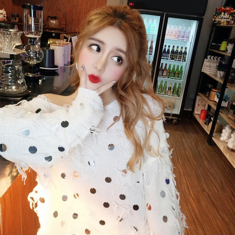MATAKAWA Sequined Tassel Women Pullover Mid-length Knitted Sweaters Woman Spring Korean O-Neck Sweater Long-sleeved Loose Tops 210513