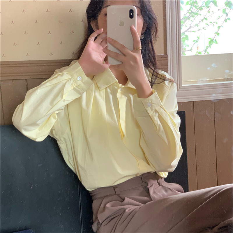 Arrival Spring Autumn OL Elegant Solid Lapel Basic Shirt Women White Blouses Tops Loose Formal Woman Clothes 210421