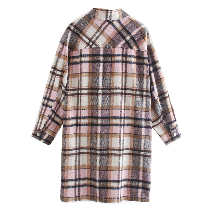 Winter Gingham Check Plaid Coat Warm Oversize Style Women Long Lapel Woolen Jacket 210429
