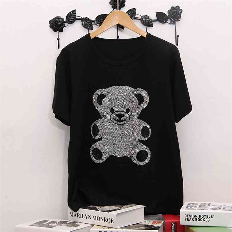 Summer Korean of the Shortsleeved tshirt female loose fashion with diamonds cotton black Plus Size women tops 210406