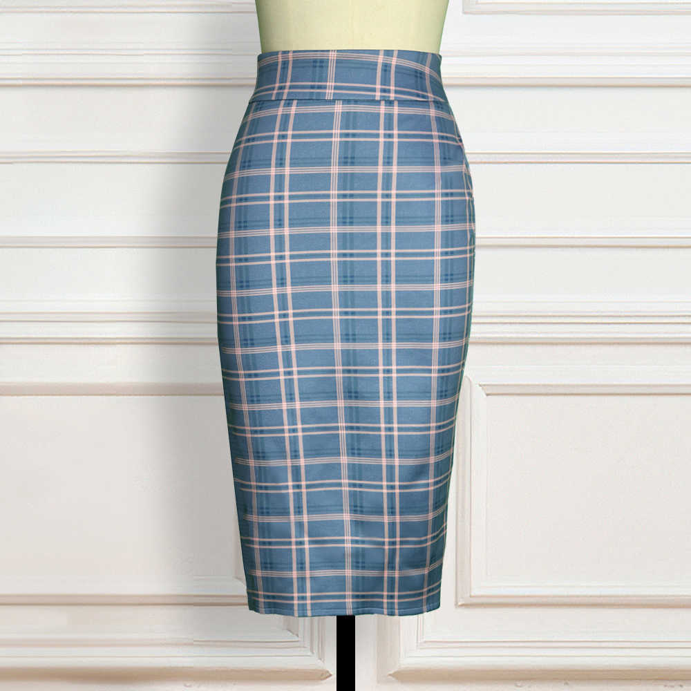 Women High Waist Plaid Pencil Skirts Bodycon Retro Classy Elegant Office Ladies Summer Modest Slim African Fashion Jupes Falads 210619