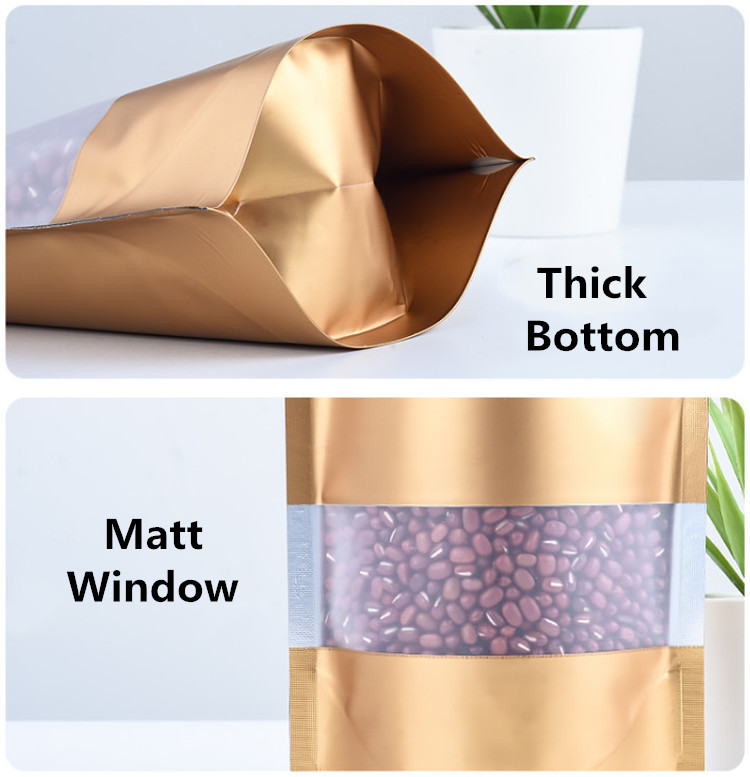 100pcs Stand up Matte Gold Aluminum Foil Window Zip Lock Bag Golden Resealable Meat Coffee Powder Snack Nuts Xmas Gifts Heat Sealing Packaging Pouches