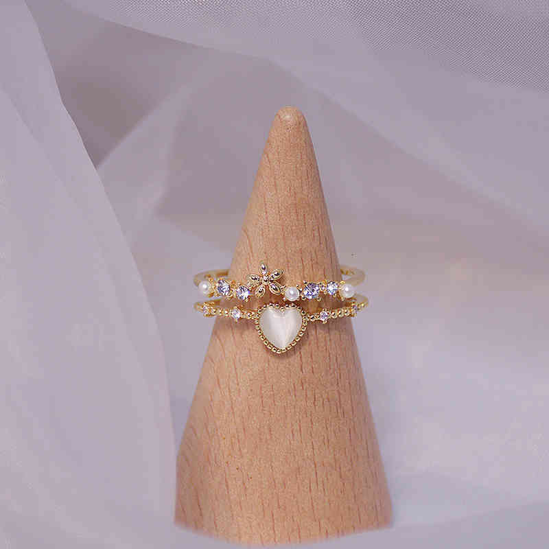 Delicate Cat Eye Zircon Heart Shape Double for Women Flower Pearl Solitaire Ring Bague Daily Date Party Jewelry Accessories