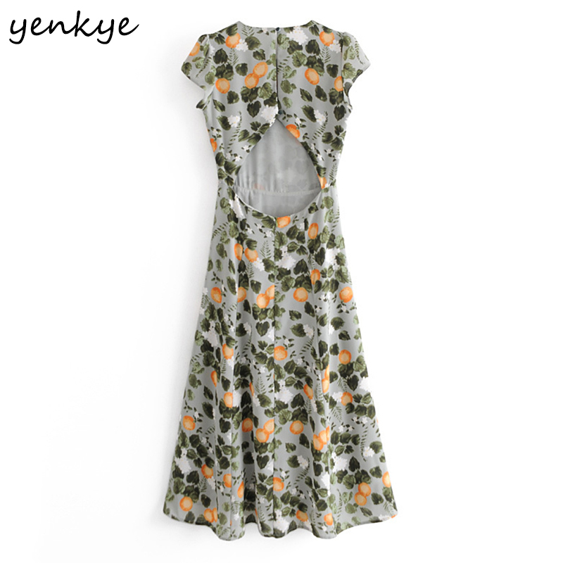 Sexy Backless Vintage Lemon leaves Print Dress Women O Neck Short Sleeve A-line Chiffon Summer Long Robe Longue 210430