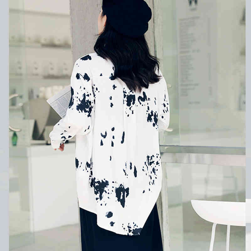 All-match Korean Fashion Single Breasted Women Tops Autumn Cow Spot Printed Blouse Loose Long Sleeve Shirt 11448 210427