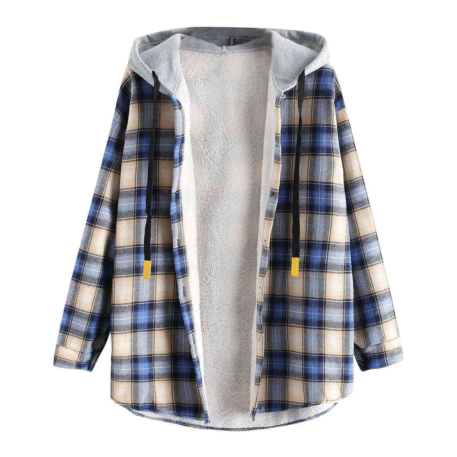 Winter Clothes Women's Hoodie Sweatshirt Casual Long Sleeve Plaid Buttoned Curved Hem Hooded Warm Coat Jacket 211109