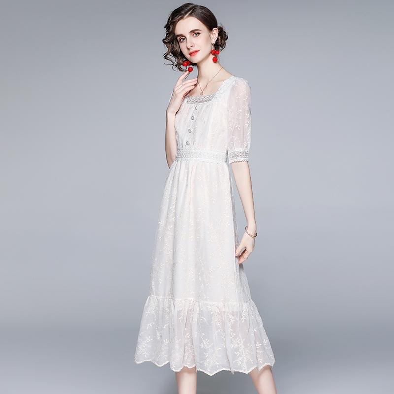 Summer Runway Style Embroidery Chiffon Midi Dresses Vintage Elegant Women Square Collar Party Dress Vestido 210520
