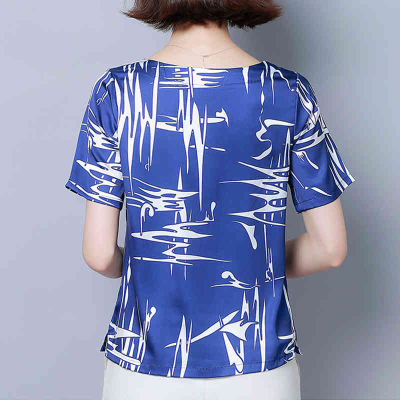Blusas Mujer De Moda Style Short Sleeve Elegant Printed Satin Blouse Women O-neck Loose Versatile Fashion Tops 8682 50 210427