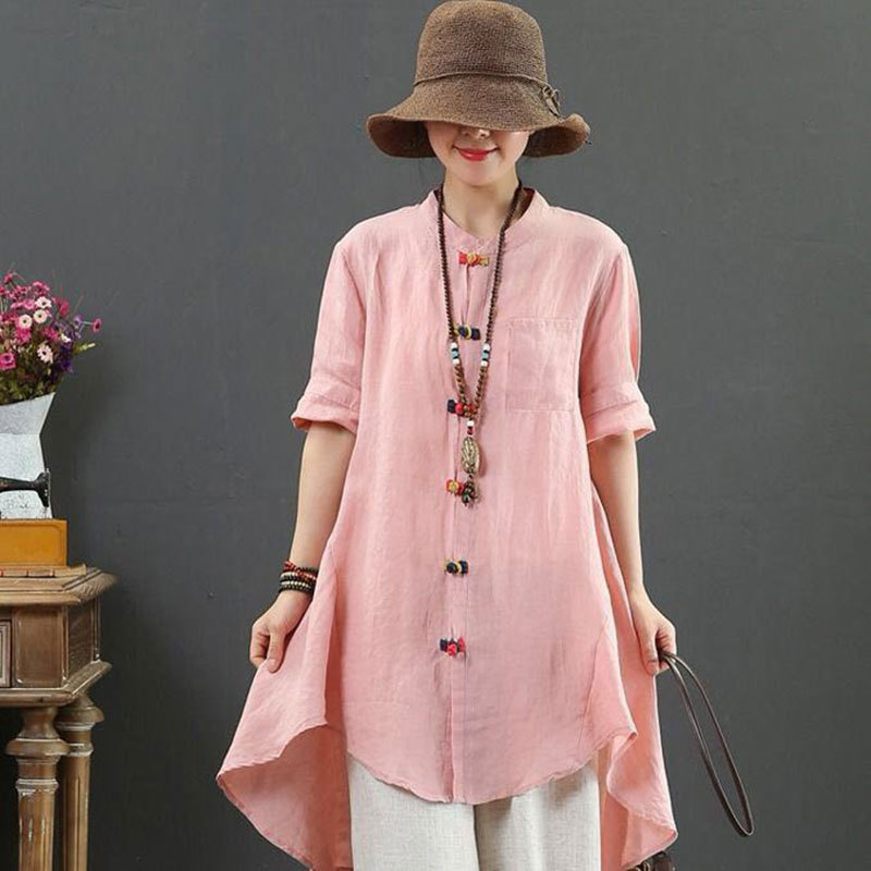 National Style Summer Women Shirt Plus Size Short Sleeve Loose Colours Button Long Linen Tops Vintage Femme Blouses D14 210512