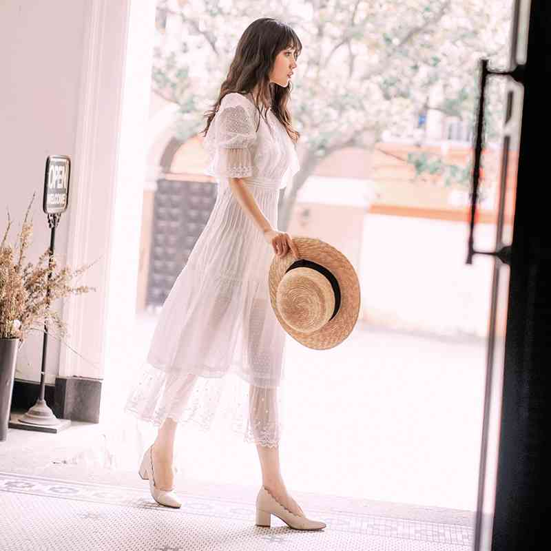 Fashion Summer Dress Lace Ruffle Women Runway High Waist Hollow Out Cotton Dresses vestidos 210520