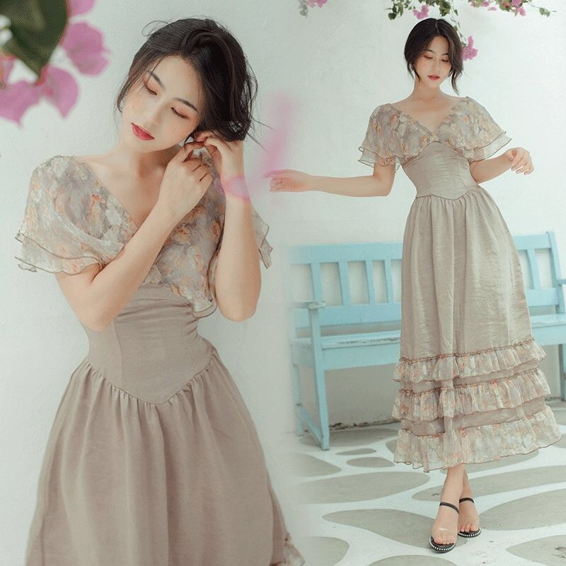 vintage vesdios long dresses ruffles floral print v neck butterfly sleeve summer party patchwork high waist 210421
