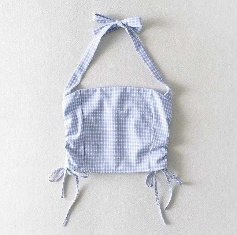 Harajuku Sexy Check Plaid Crop Tops Women Elastic Halter Slash Neck Drawstring Tops 210625