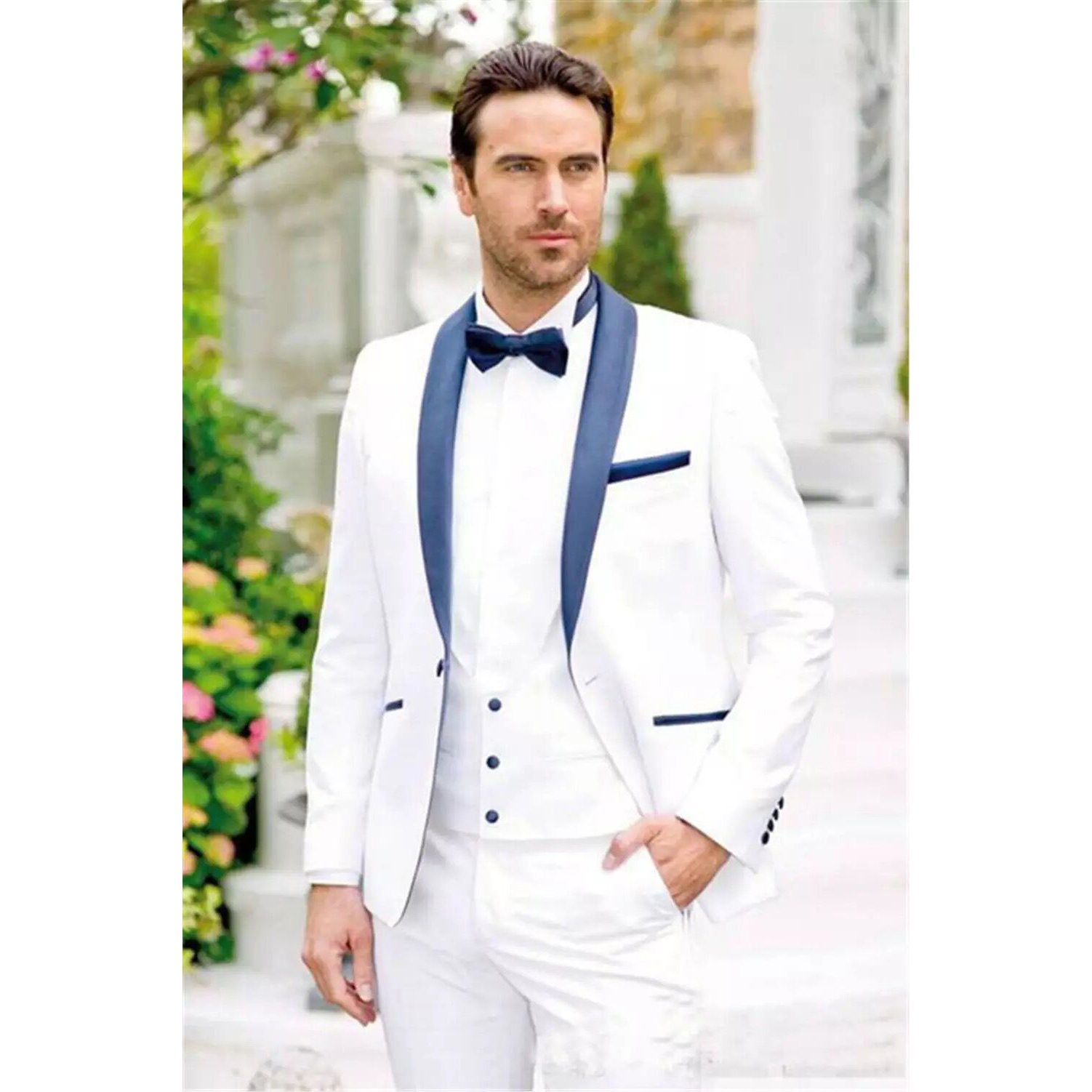 3 Pieces Shawl Lapel White Men Suit Slim Fit Custom Made One Button Groom Tuxedos Party Man Wear (Jacket+Vest +Pants))