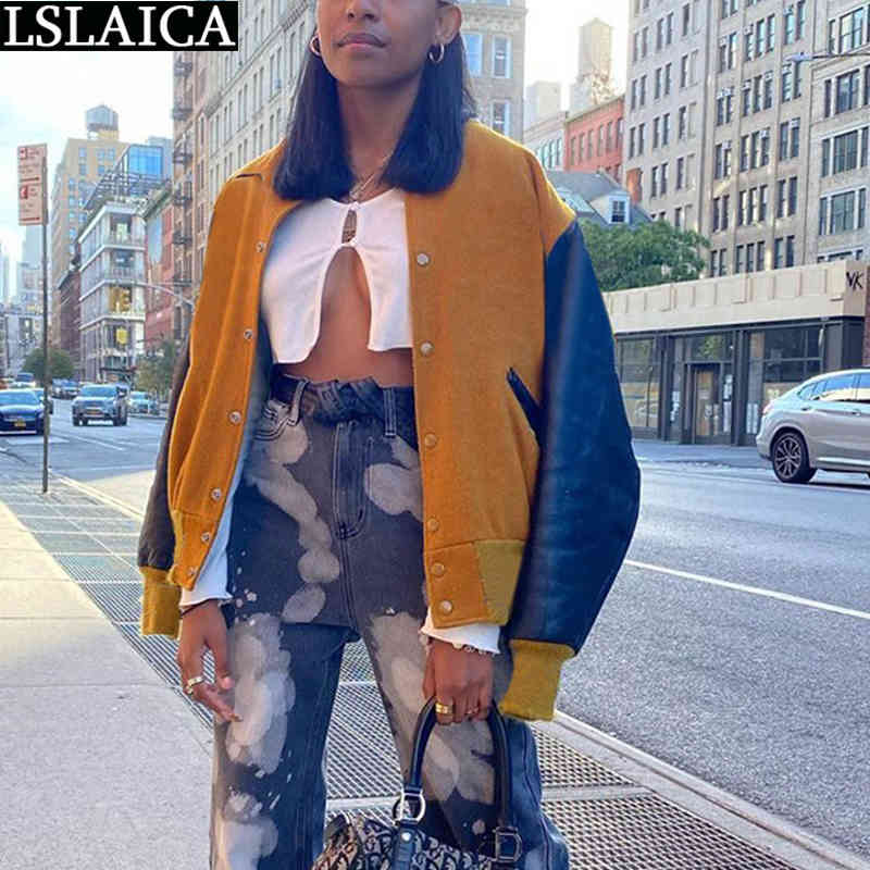 Women Clothing Patchwork Long Sleeve Fashion Arrival Leather Jacket Button Pocket Streetwear Casual Plus Size Mujer Chaqueta 210515