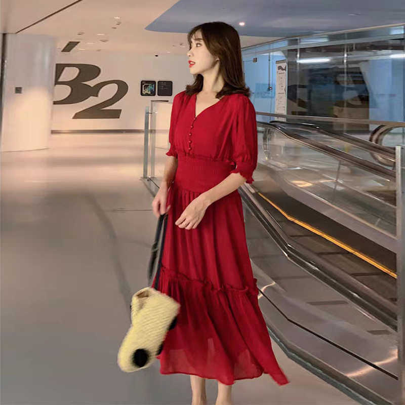 Summer Dress Vintage Women Loose Solid V Neck Button Elastic Waist Ruffle Long Ladies es Vestidos Plus Size 4XL 210526