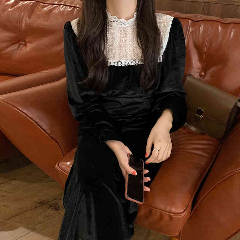 Neploe Maxi Dresses for Women Chic Stand Neck Lace Patchwork Vestidos Slim Waist Elegant Vintage Velvet Robe Dress Femme 4G322 210422