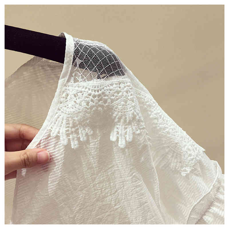 Solid Short Sleeve Lace White Shirt Korean Womens Tops and Blouses Blusas Mujer De Moda Loose Office Lady Clothes 9901 210506